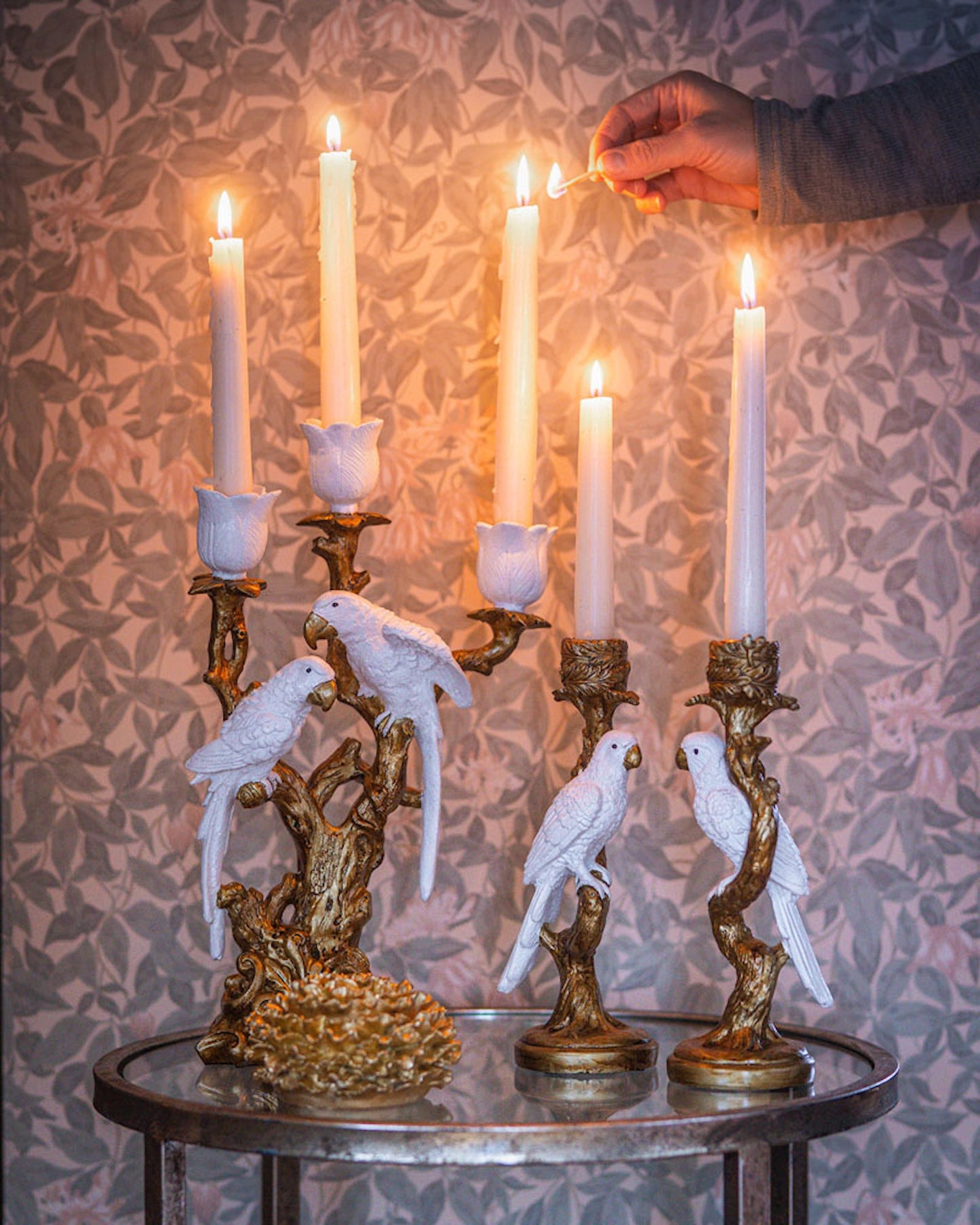 Ljusstake 3 armad Fåglar på Gren 38 cm